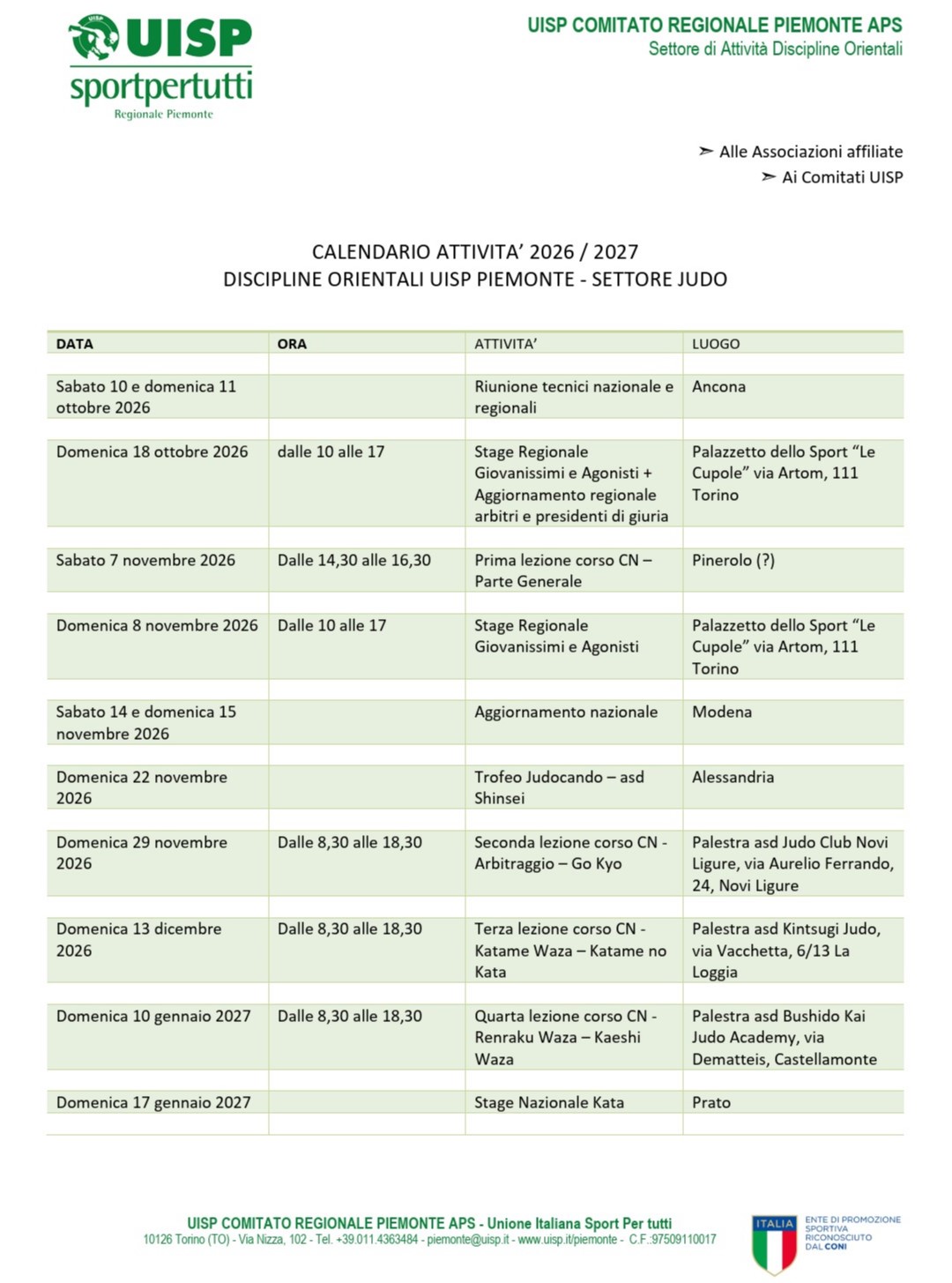 Programma JUDO UISP 2026-27